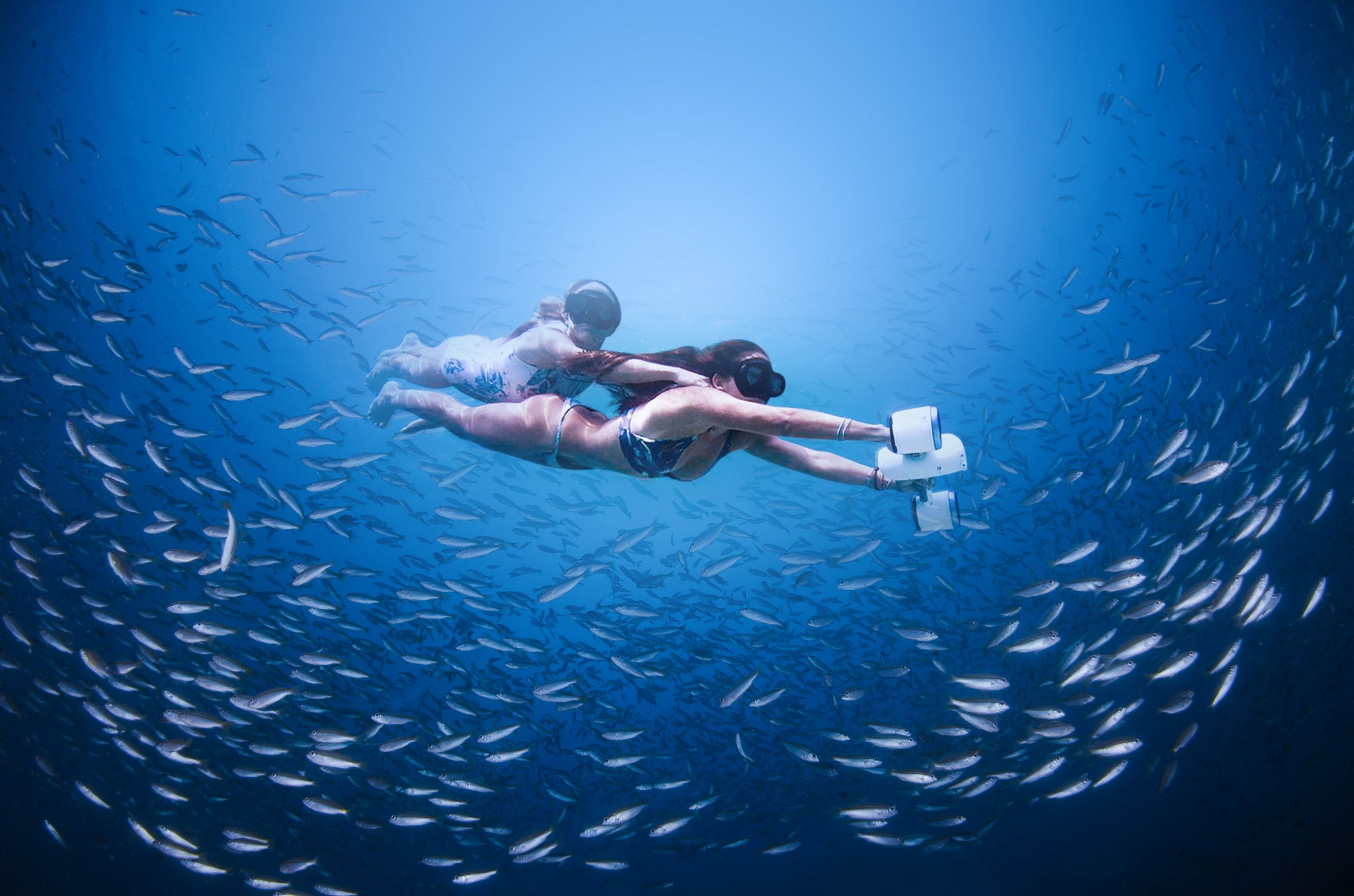 Two scuba divers are swimming near a colorful coral reef in clear blue water. 