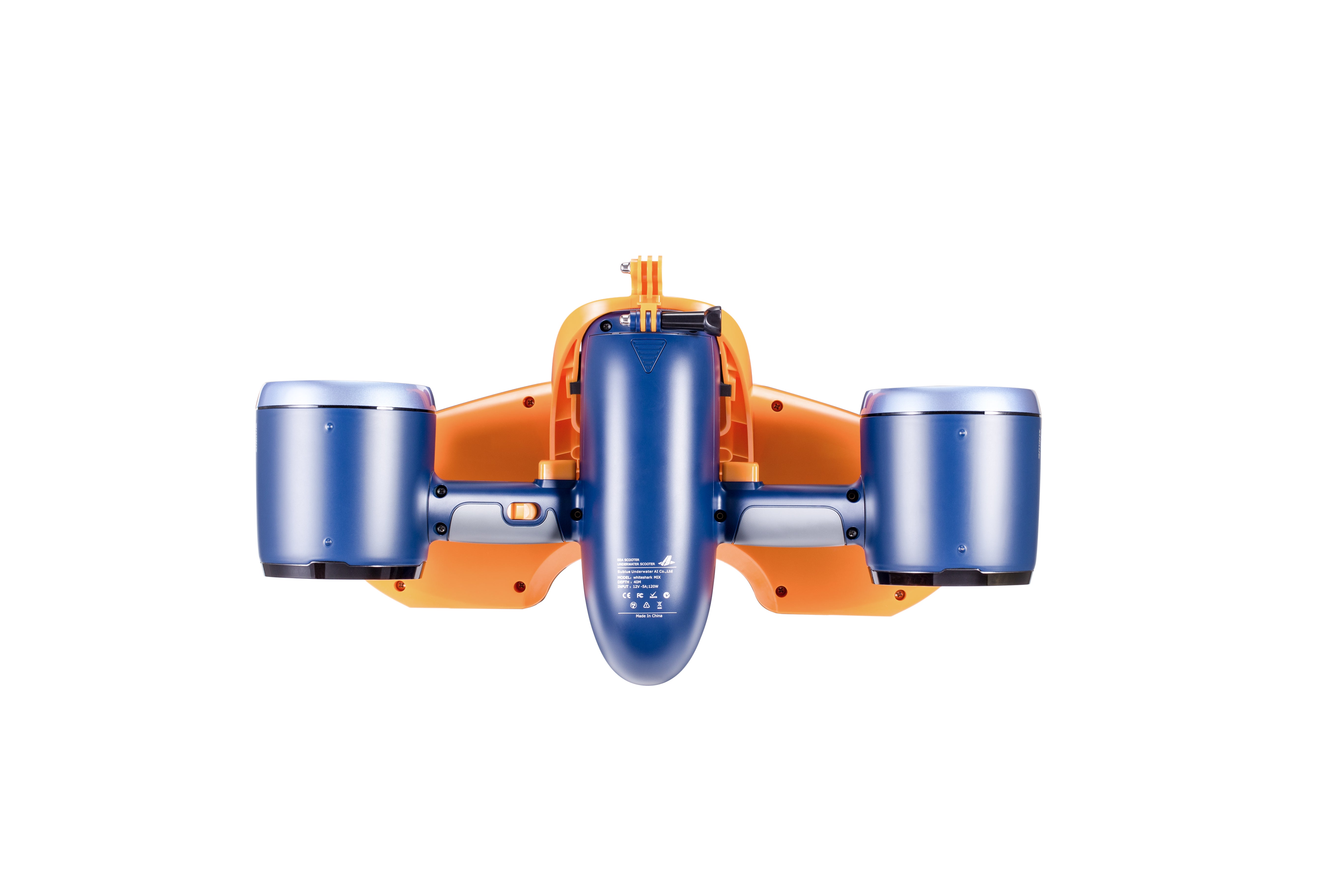 Sublue Mix Floater underwater scooter in blue and orange with dual thrusters.