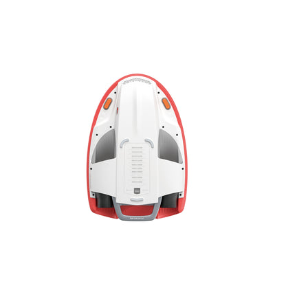 Top view of SUBLUE Swii Electronic Kickboard in white and orange, showcasing sleek design.