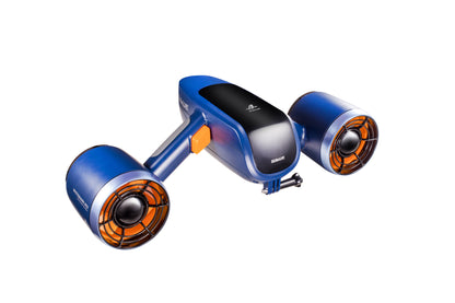 Sublue Mix underwater scooter in Space Blue with orange propellers.