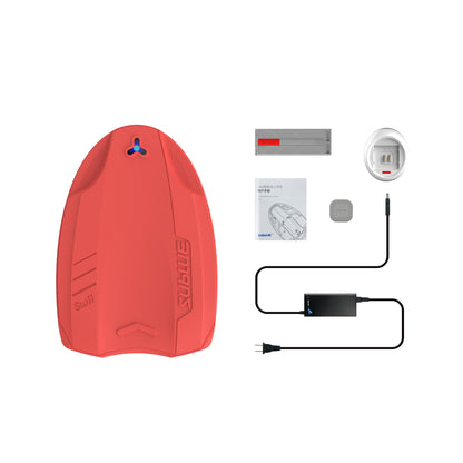 SUBLUE Swii kickboard in red with charger, battery, and accessories for aquatic fun.