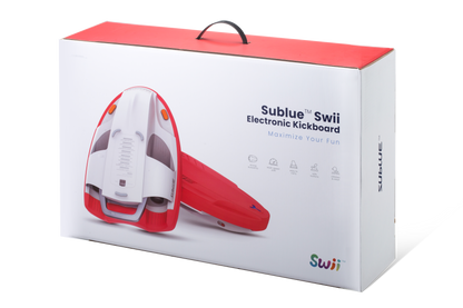 Sublue Swii Electronic Kickboard in packaging with red and white design.