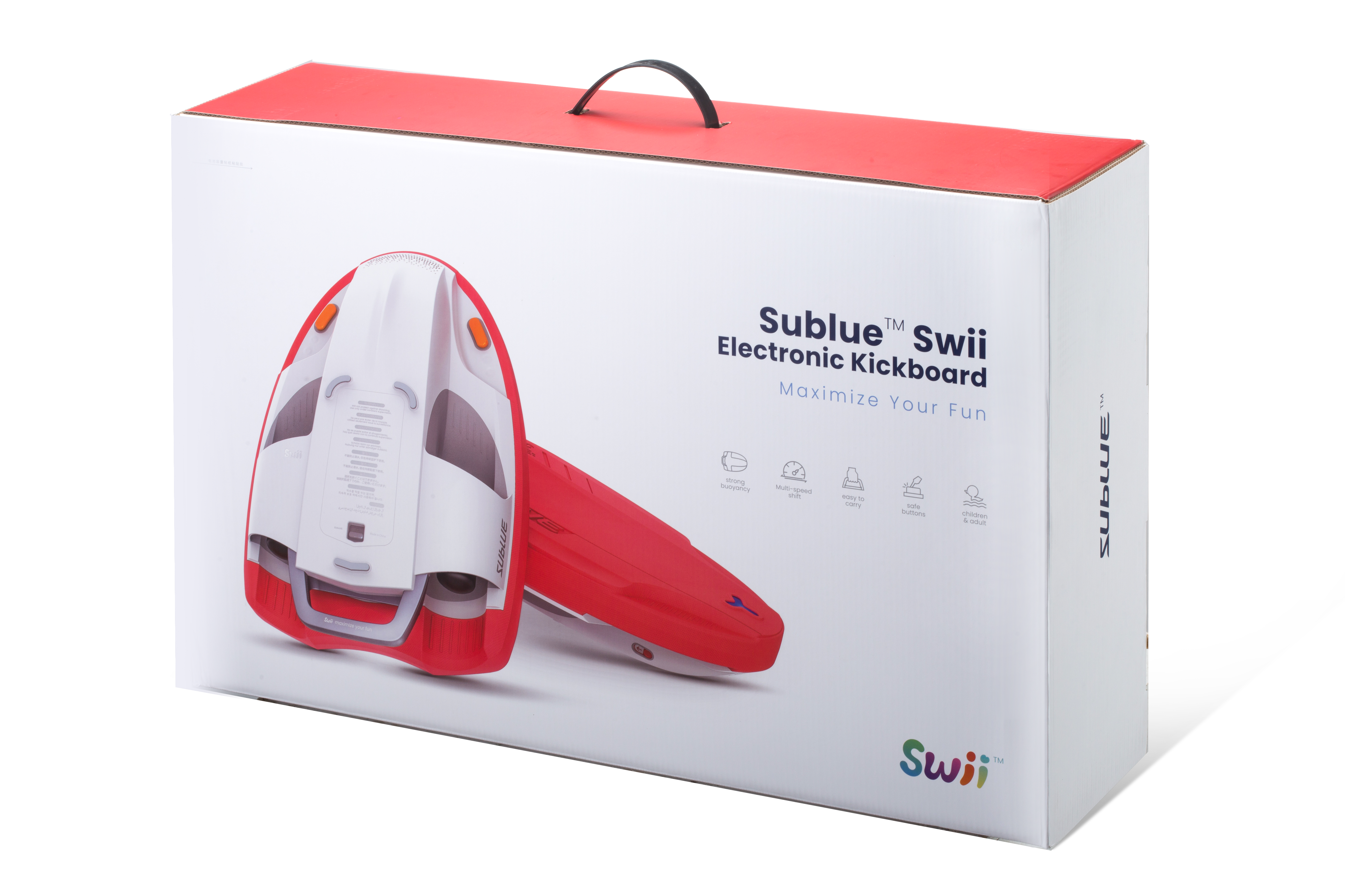 Sublue Swii Electronic Kickboard in packaging with red and white design.