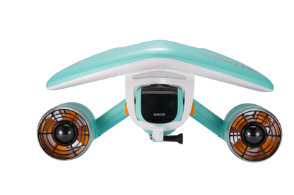 Teal Sublue Mix underwater scooter with orange propellers, front view.