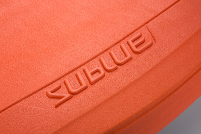 Close-up of SUBLUE logo on orange surface of Swii Electronic Kickboard.