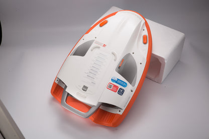 Bottom view of SUBLUE Swii Electronic Kickboard in orange and white, highlighting features.