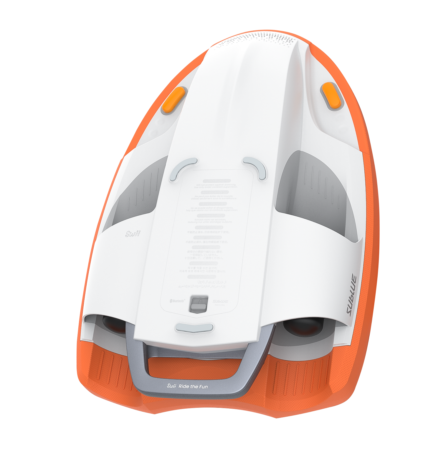 Top view of SUBLUE Swii Electronic Kickboard in white and orange, highlighting sleek features.