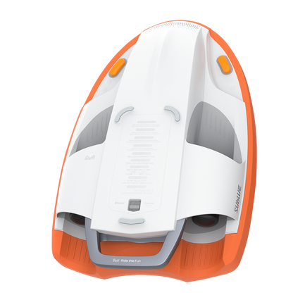 Top view of SUBLUE Swii Electronic Kickboard in white and orange, highlighting sleek features.