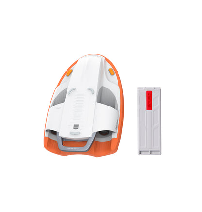 SUBLUE Swii Electronic Kickboard in white and orange with battery pack.