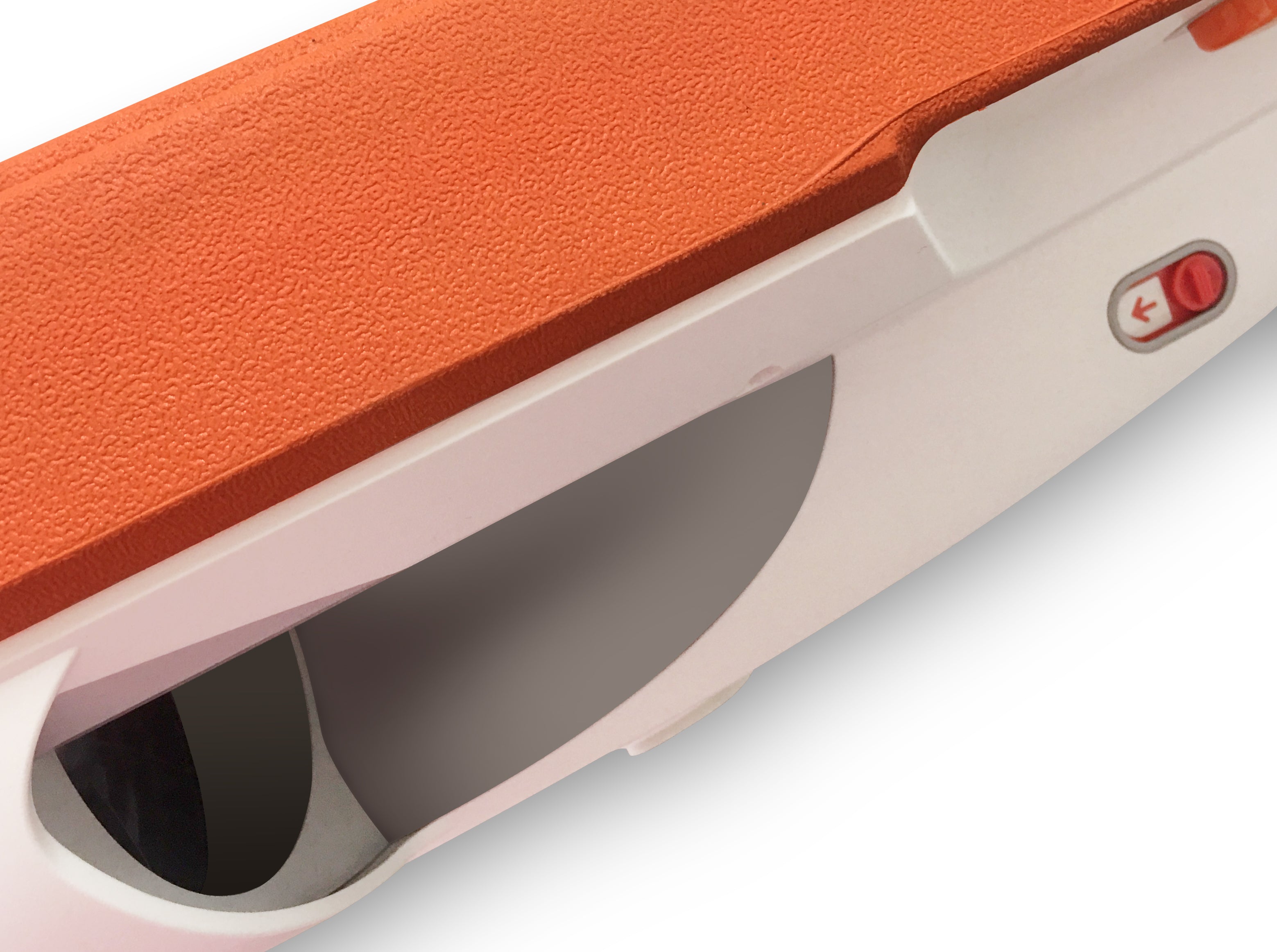 Close-up of SUBLUE Swii kickboard in orange and white, showcasing control button.