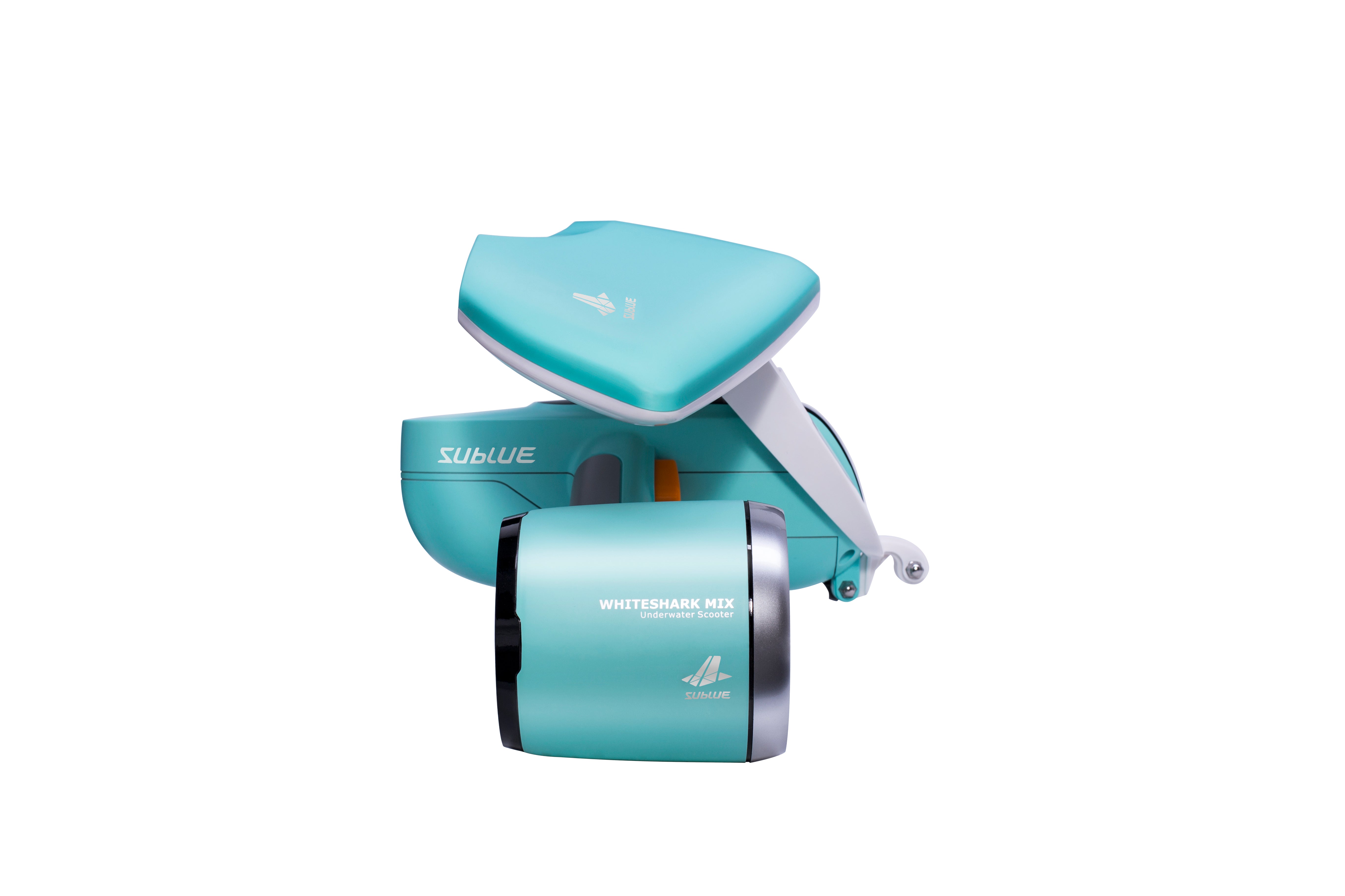 Sublue Whiteshark Mix motor cover in teal with integrated seat design.